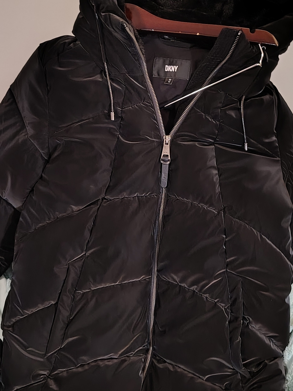 DKNY Black Quilted Puffer Jacket with Hood